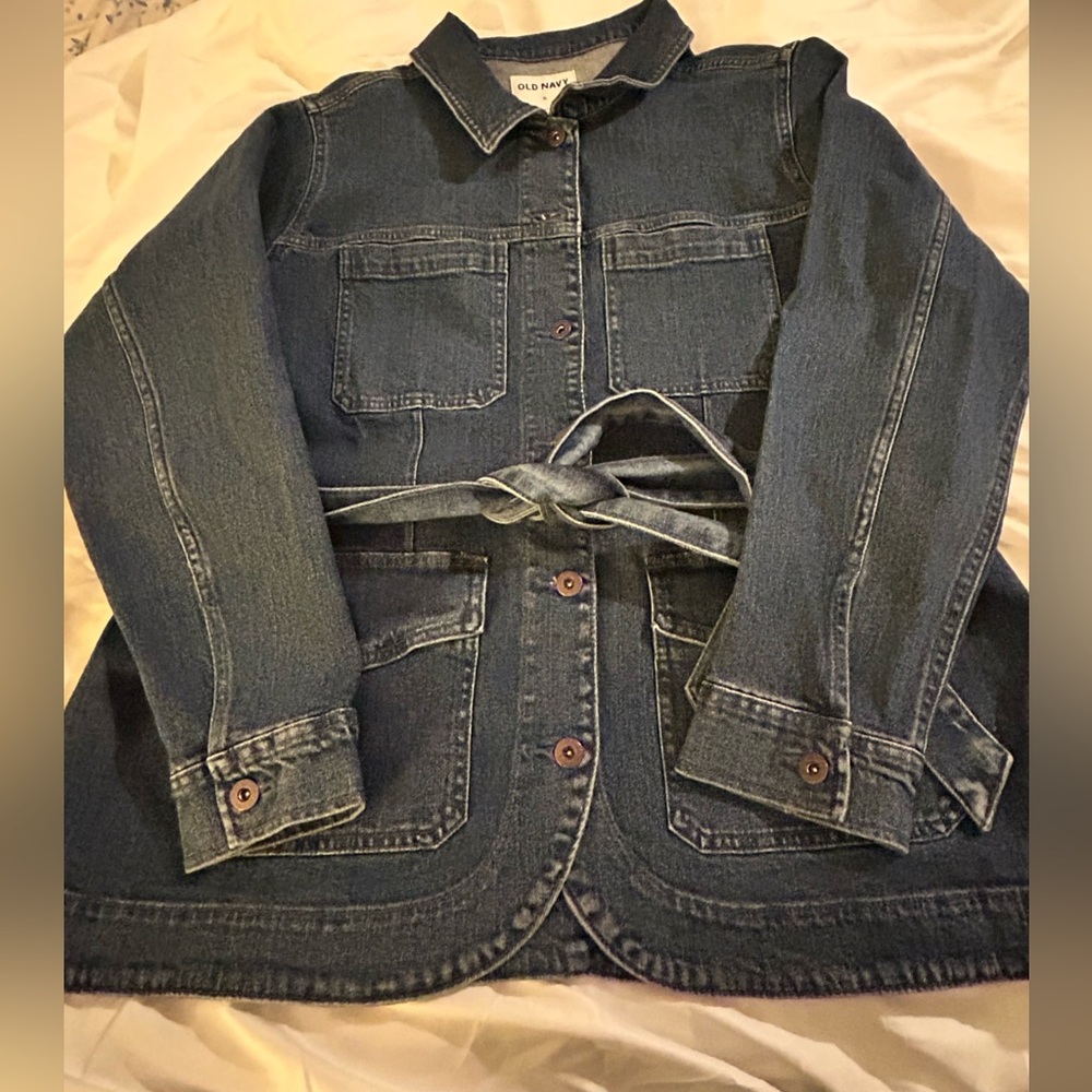 Old Navy Classic Blue Denim Utility Jean Jacket w Tie Belt size XL NWT 4 pockets - Picture 14 of 16
